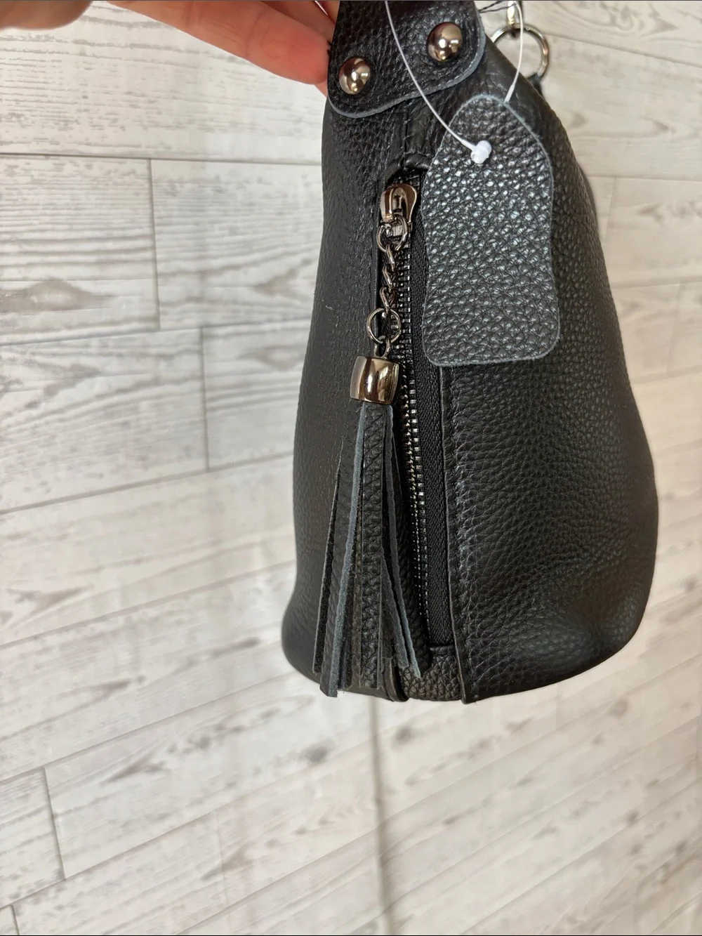 Black Pebbled Leather Tassel Hobo Slouchy Shoulder Bag NWT